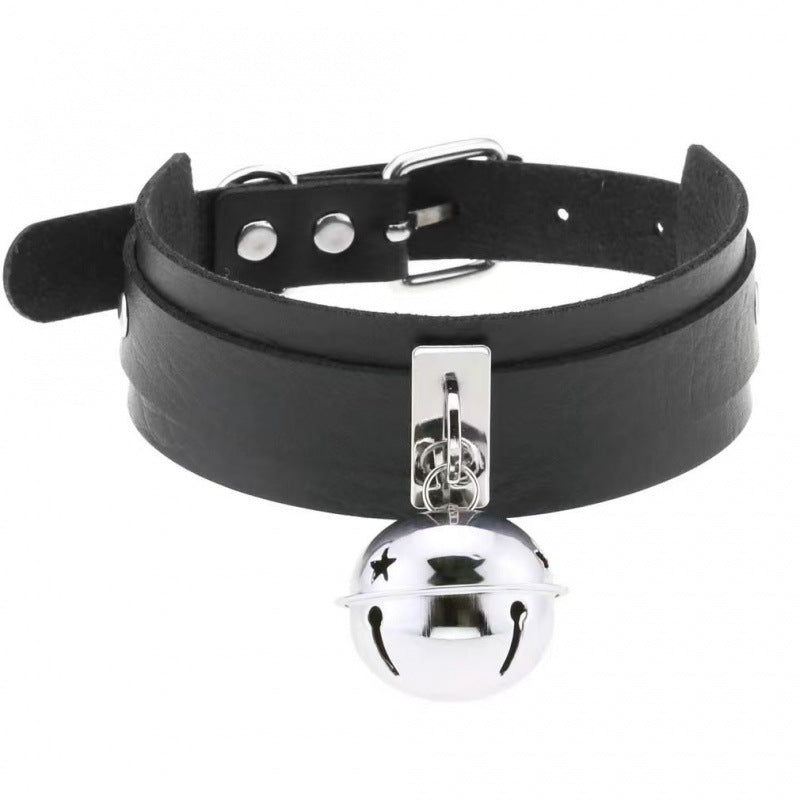 Black leather gothic femboy choker with oversized silver bell charm, adjustable buckle closure, minimal punk aesthetic femboy fashion accessory on white background