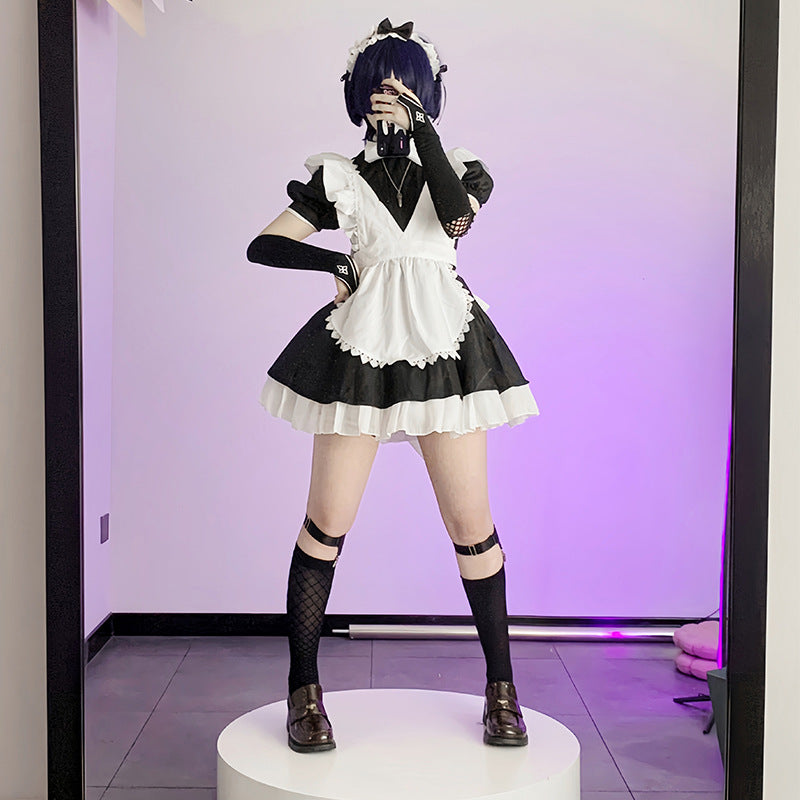 Femboy maid costume black white apron frilled cosplay dress full length