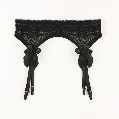 Black Sheer Garter Belt with Sophisticated Lace and Bow Attachments - Displays a black lace garter belt with satin bows, a staple accessory in femboy fashion.