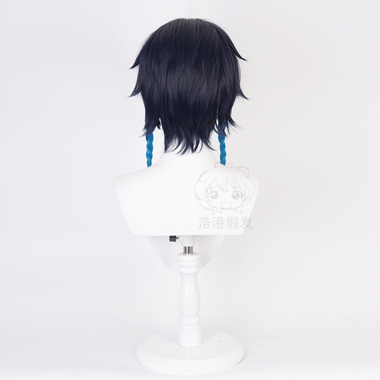 Femboy wig blue black twin braid teal gradient cosplay side view
