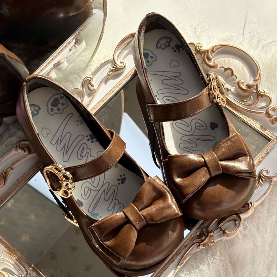 Femboy shoes brown bow mary jane flats t strap buckle lolita product