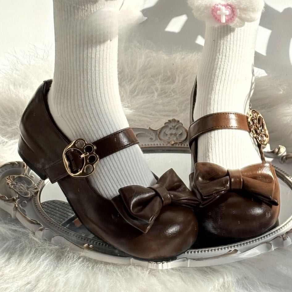 Femboy shoes brown bow mary jane flats lolita with socks on model