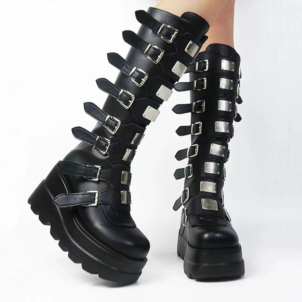 Femboy boots black buckle strap platform wedge goth combat side view