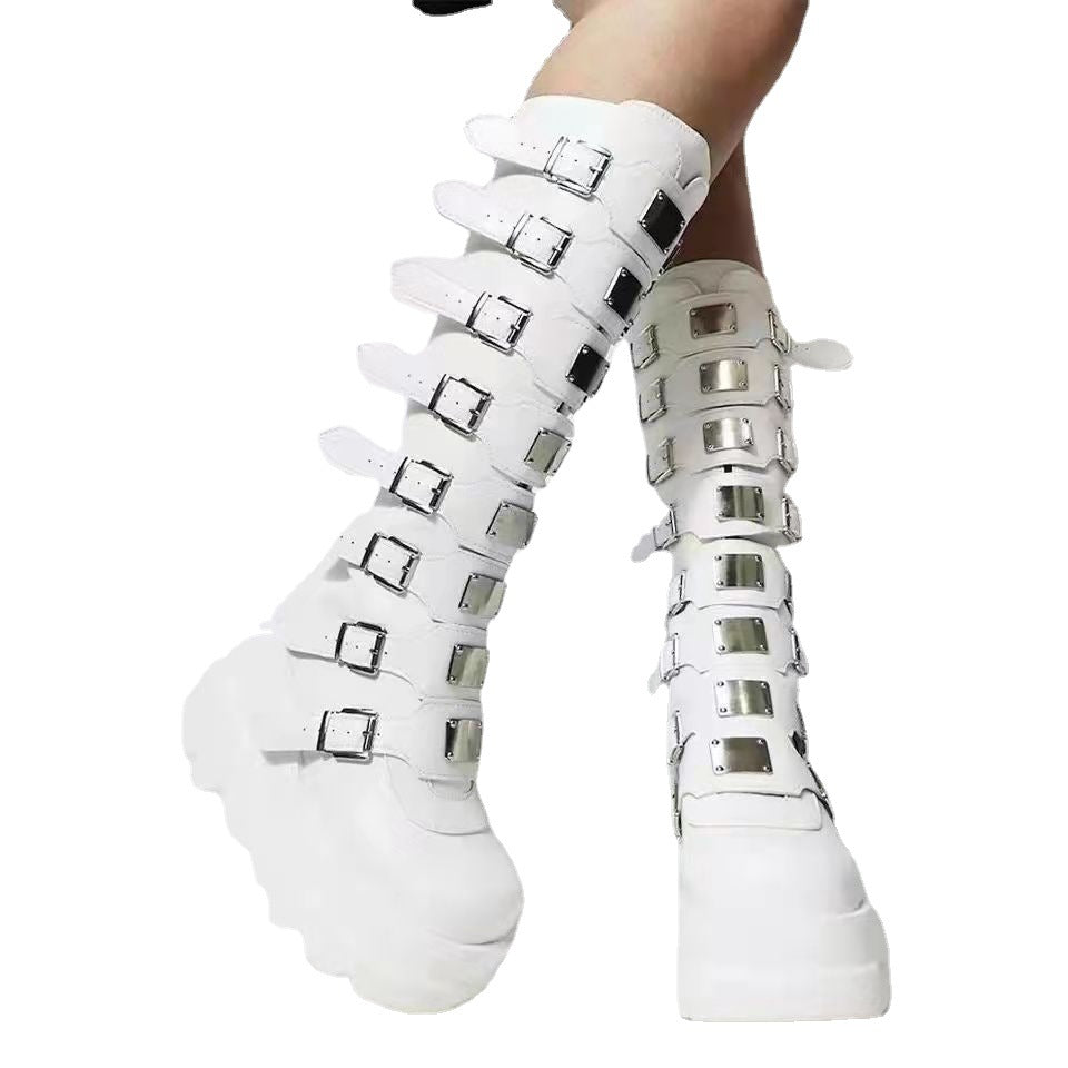 Femboy boots white buckle platform combat goth knee high on model