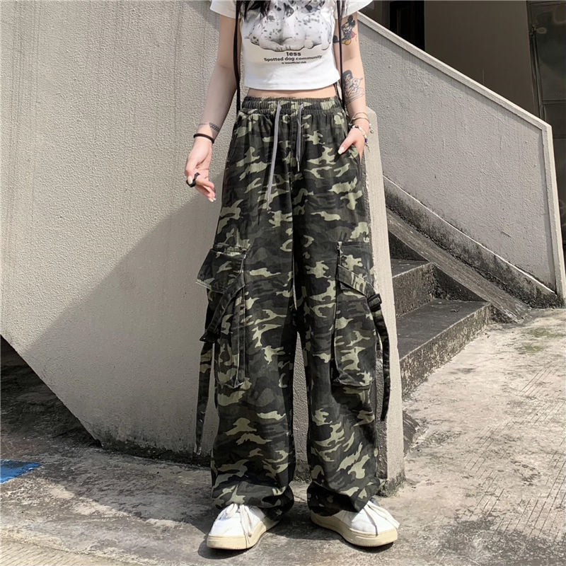 Femboy pants camo wide leg cargo high waist on model streetwear