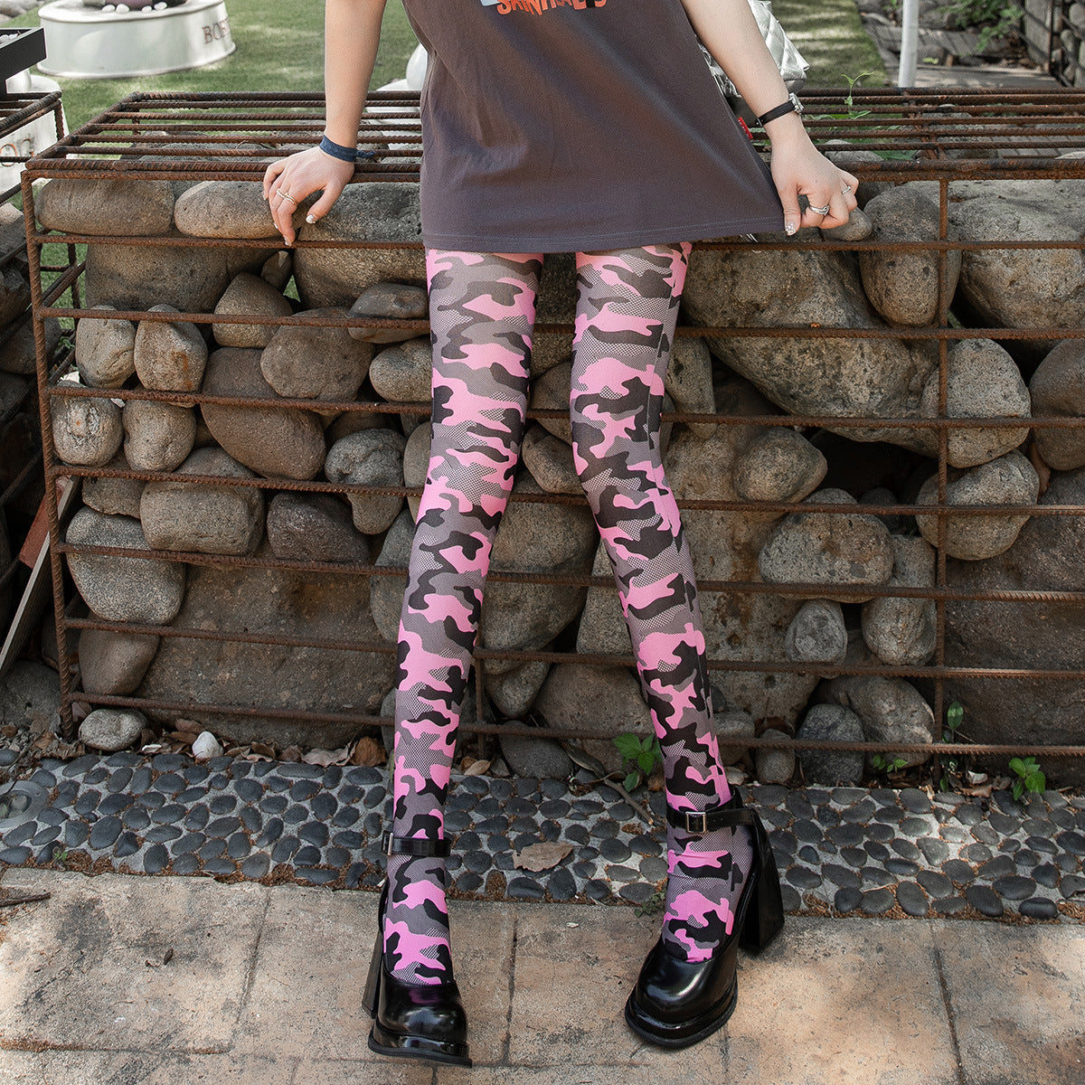 Femboy tights pink camo stirrup pantyhose velvet stretchy on model