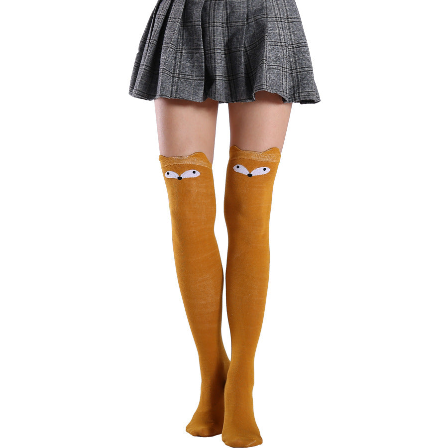 Femboy socks fox face over knee mustard tan school style on model