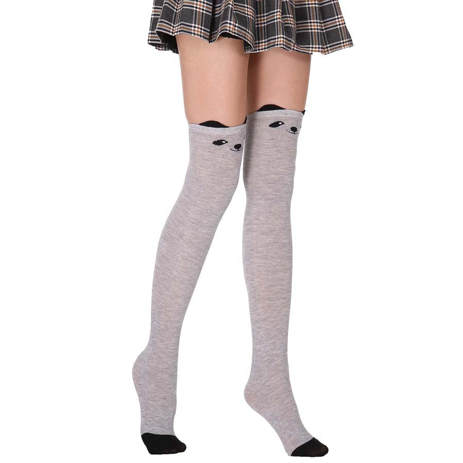 Femboy socks grey cat face over knee cosy knit on model