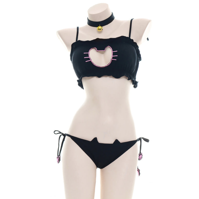 Black cat paw femboy lingerie set front view, heart cutout bralette and side-tie bikini bottoms