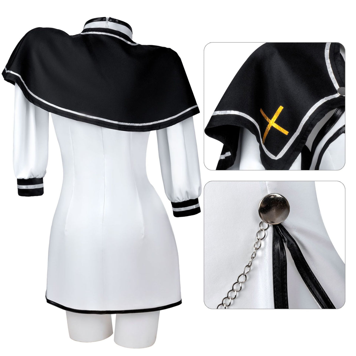 Cross priest cosplay dress back view showing black capelet, stand collar and chain detail, men's cut femboy cosplay