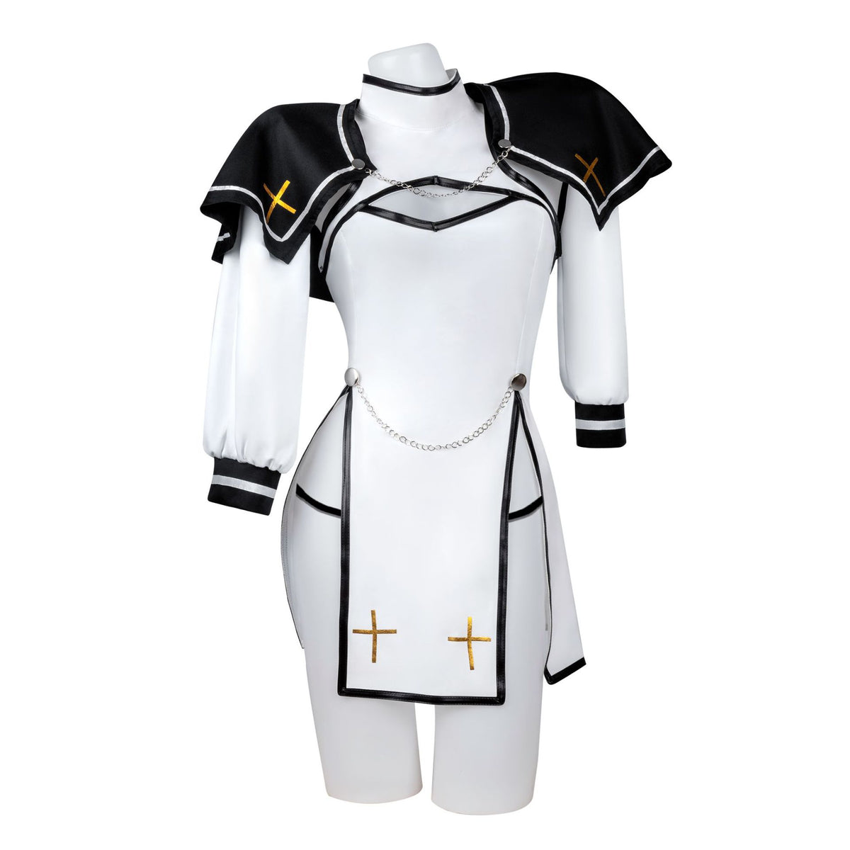 Close-up of gold cross embroidery and side slit on the white cross priest cosplay dress