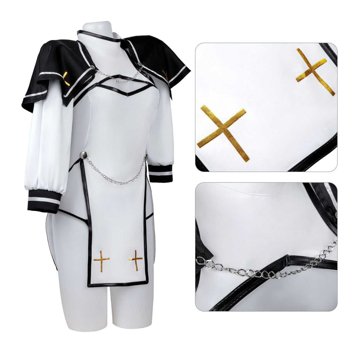 Cross priest cosplay dress, white high-slit dress with black cross capelet and chain, front view | FemboyBox