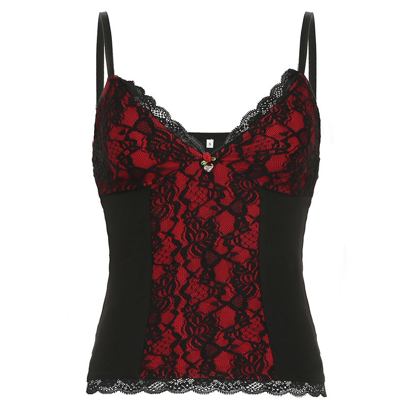 flat-front product shot of a red lace-overlay and black stretch cami on a white background, showing scalloped hem, adjustable spaghetti straps, and contrast panel details for femboy clothing.