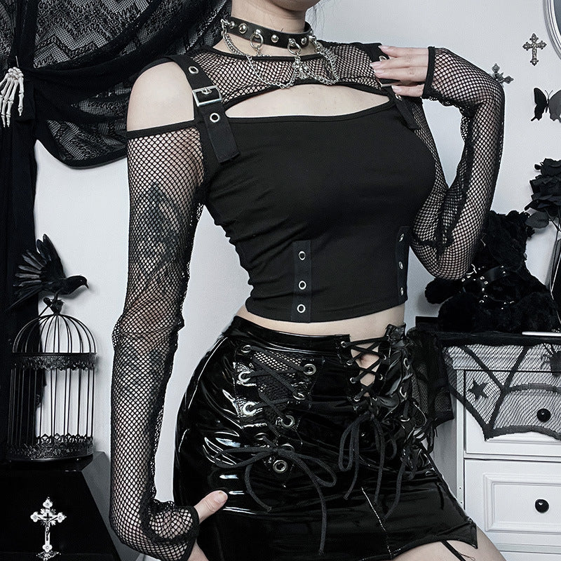Side-angle close-up of a fashionable gothic off-shoulder crop top featuring fishnet detailing and metal buckles, styled for alternative punk outfits.