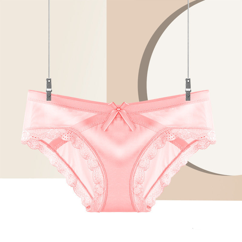 Pink sheer mesh femboy lace panties with bow knot detail, cute femboy lingerie product shot