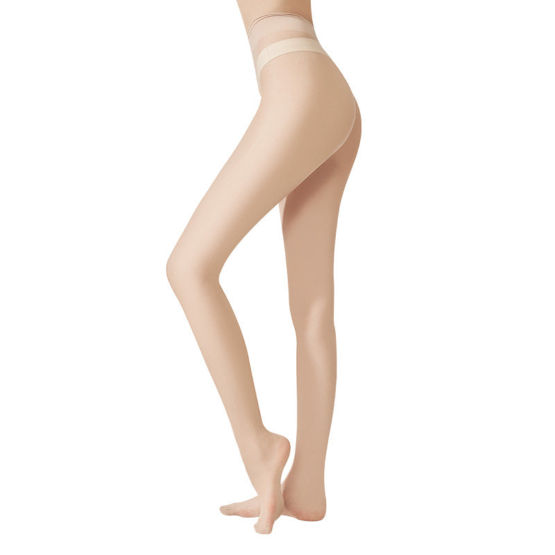 side-view shot of a mannequin leg wearing sheer nude pantyhose against a white background, showcasing the seamless waistband and ultra-sheer finish for femboy clothing.