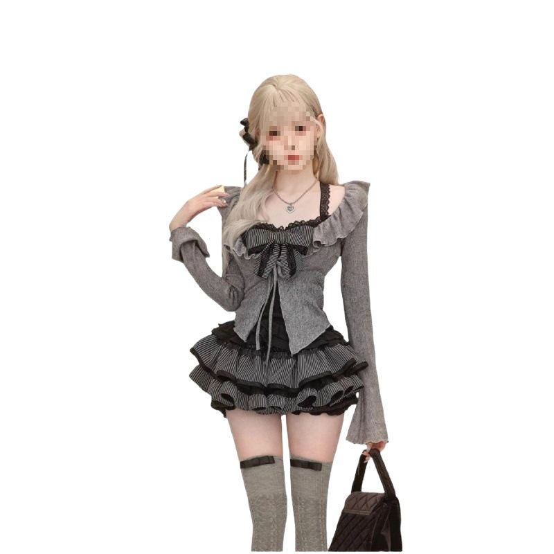Full look dark lolita femboy outfit in grey and black, 3-piece cami set with thigh highs and handbag