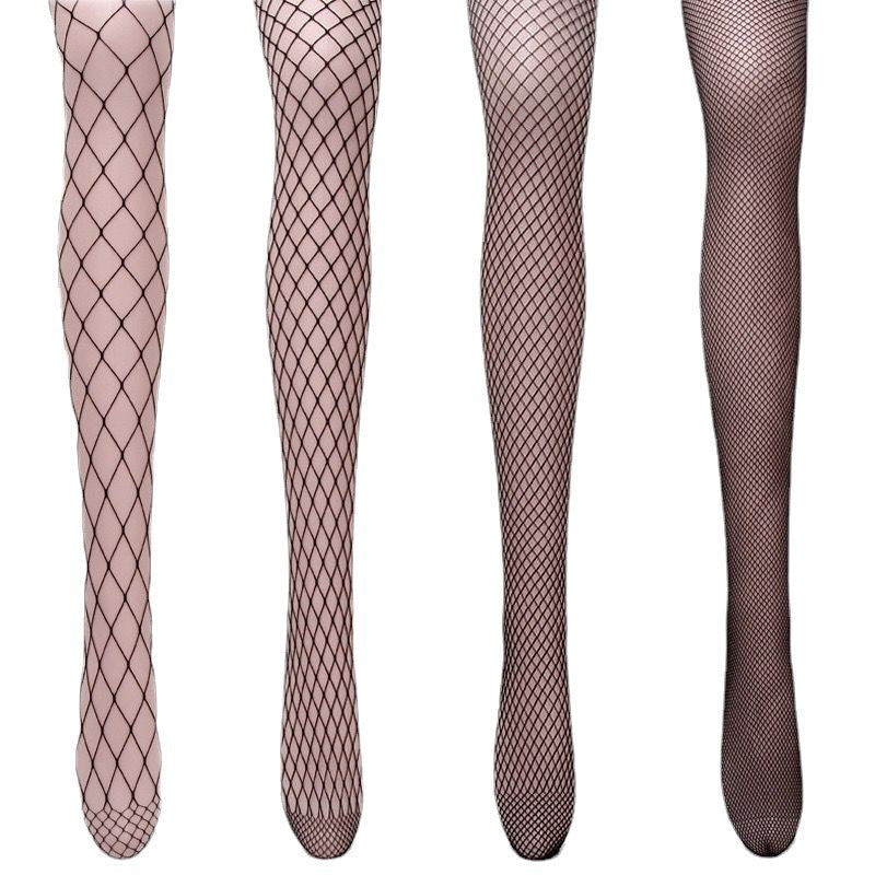Full-body front view of femboy fishnet stockings displayed on a mannequin, showcasing four mesh patterns against a white background; studio lighting highlights the texture for femboy clothing, femboy outfits, and femboy fashion.