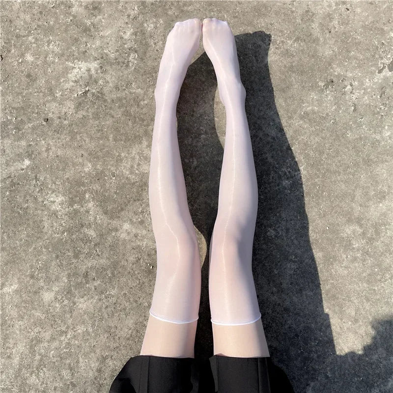 White glossy sheer ultra-thin thigh highs for femboy looks, lightweight hosiery