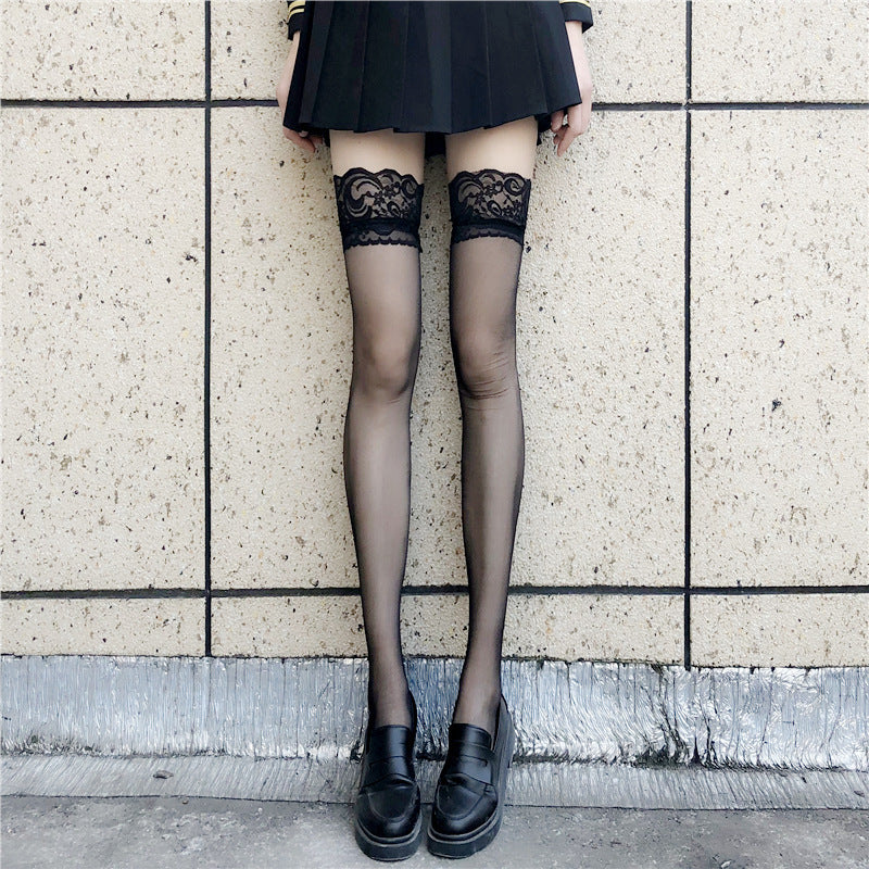Black sheer lace top thigh high stockings for femboy outfits, stay-up design from FemboyBox