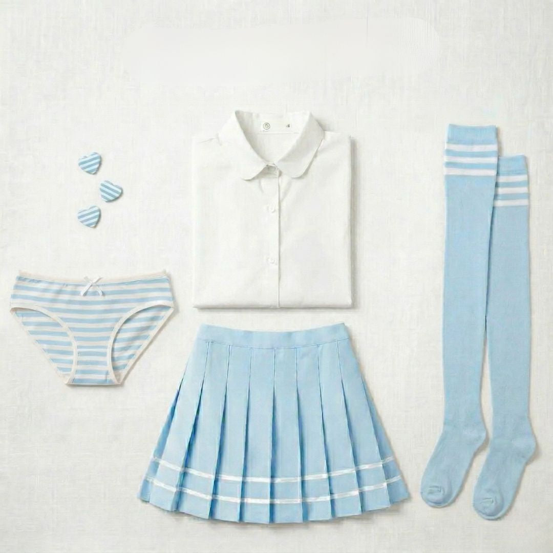 Pastel blue femboy outfit kit with pleated skirt, white shirt, striped thigh high socks and matching panties from FemboyBox