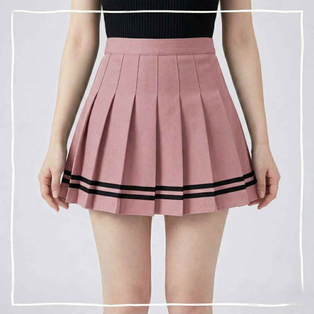 Pink femboy pleated striped skirt front view