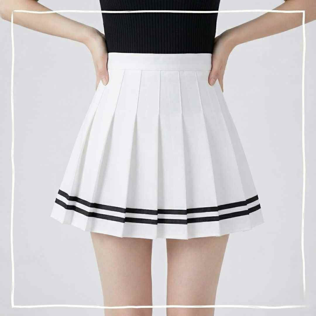 White femboy pleated skirt with stripe hem detail