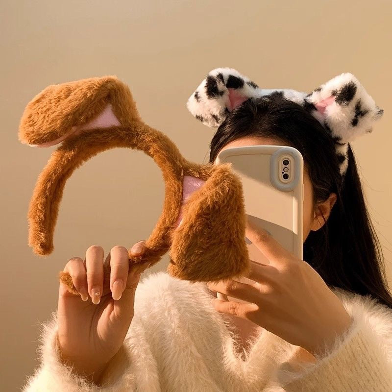 Brown plush puppy ear headband for femboy outfits, cute kawaii animal ear accessory mirror selfie from FemboyBox