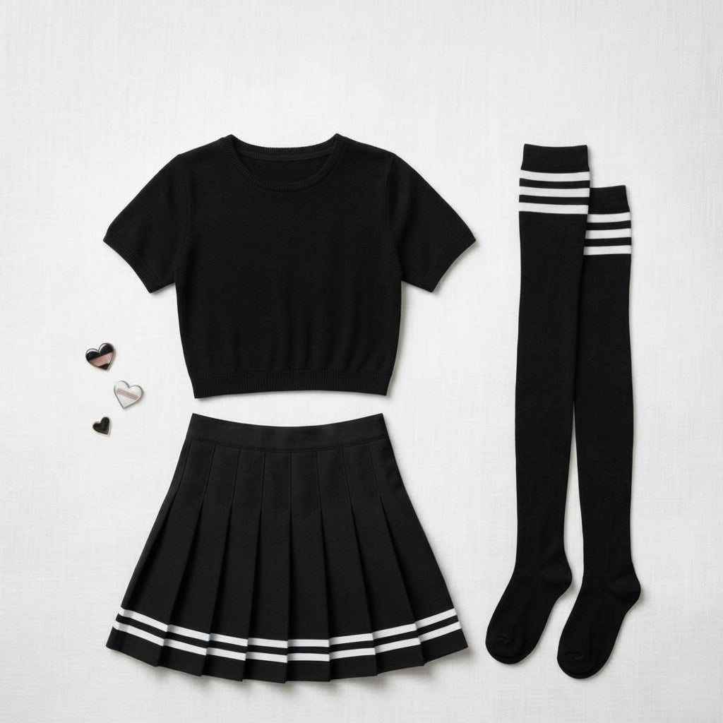 Femboy Starter Pack: black crop top, pleated mini-skirt with white stripes, over-the-knee socks, and heart-shaped pins in black, silver, and rose gold.