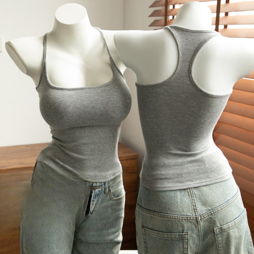 Studio front-and-back shot of heather grey Ribbed Femboy Tank on mannequins, basic femboy outfit.