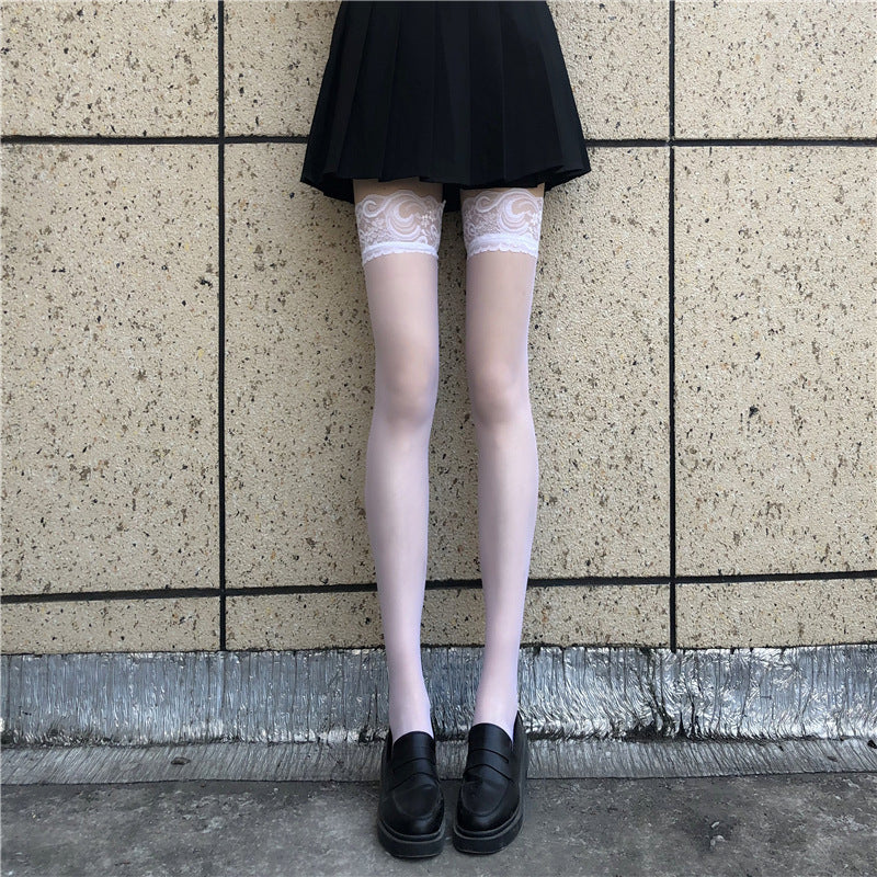 White sheer lace top thigh high stockings, cute femboy aesthetic hosiery