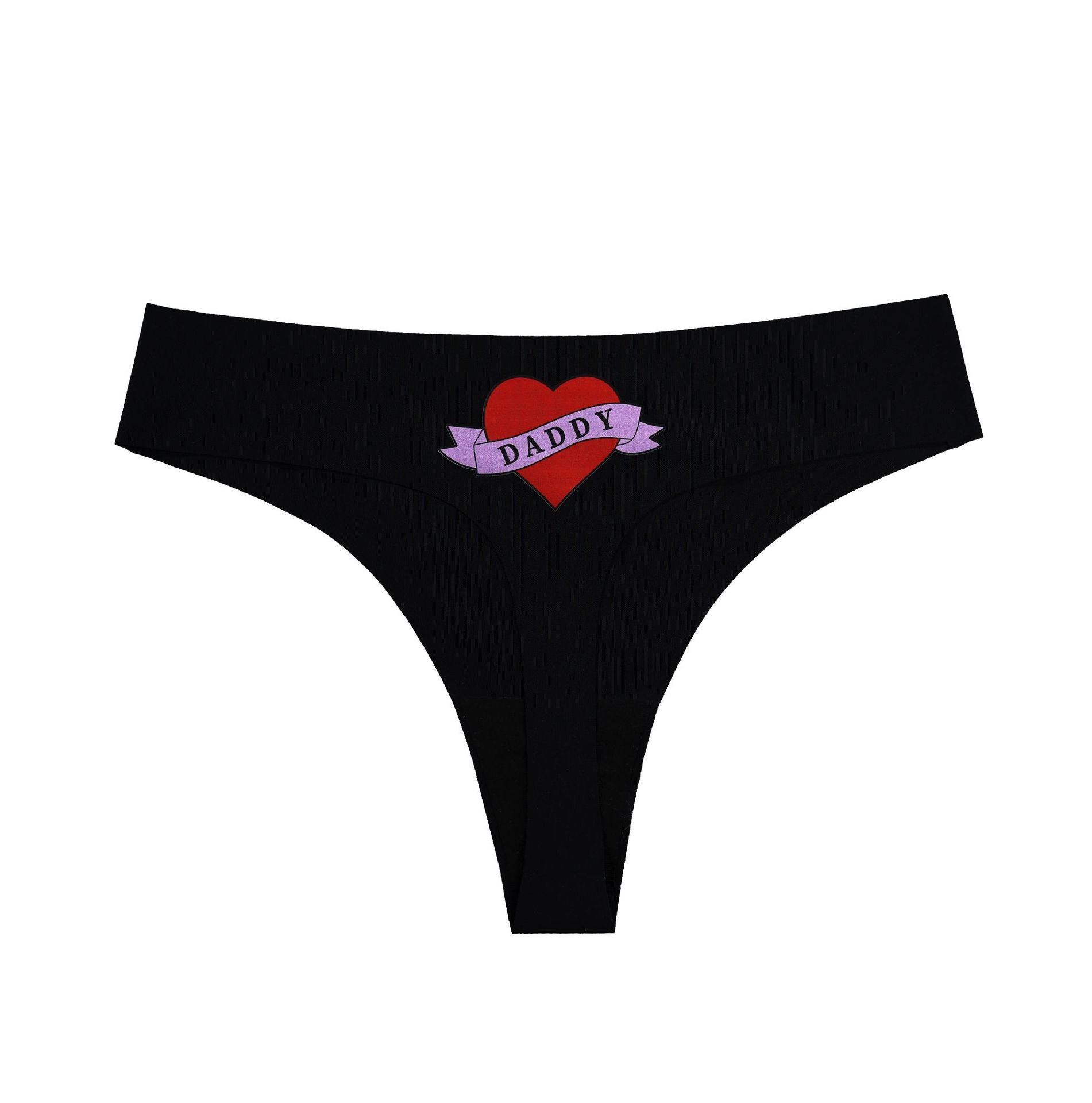 Yes Daddy thong underwear product shot, embroidered heart detail front view