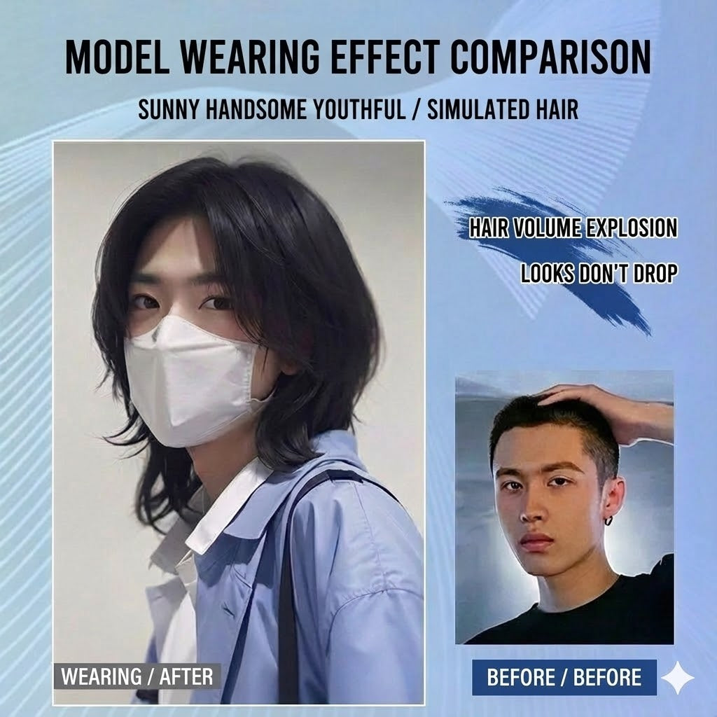 Comparison image showing a model wearing a black femboy wolf cut wig versus a short haircut before, captured in a front-facing lifestyle shot with cool blue tones, highlighting added volume, layered movement, and youthful femboy hairstyle transformation.