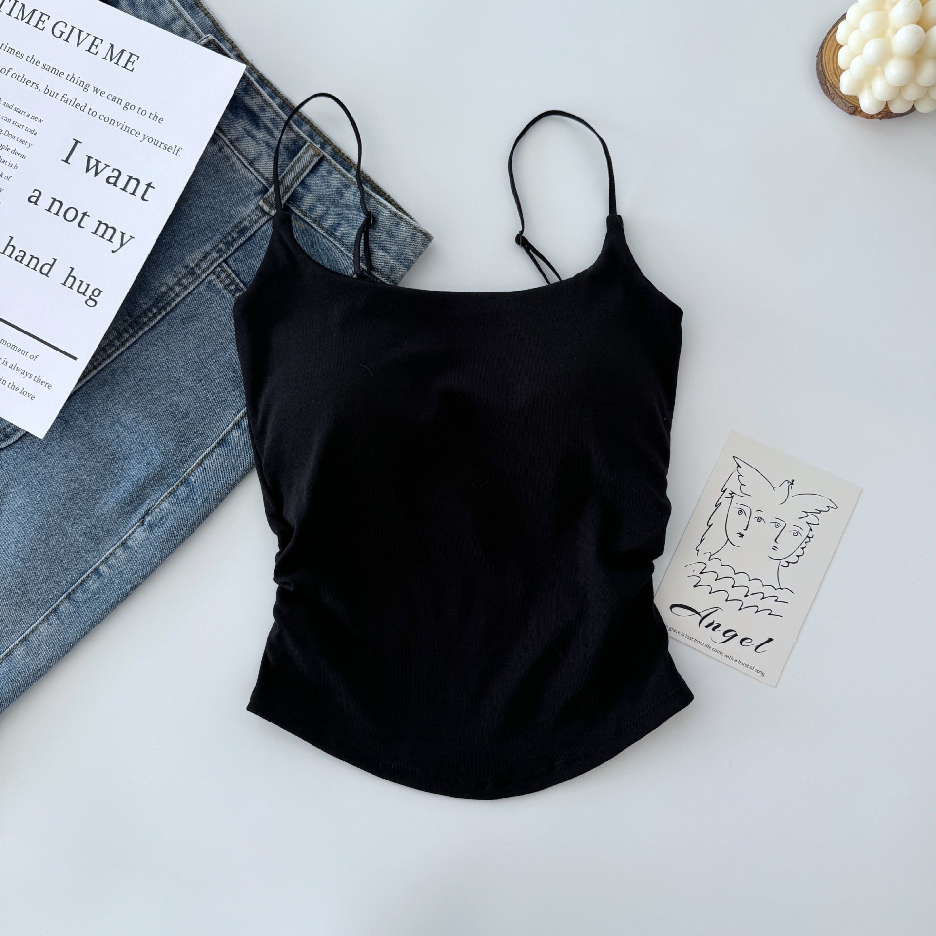 Femboy top black fitted cami thin strap stretchy tank flat lay