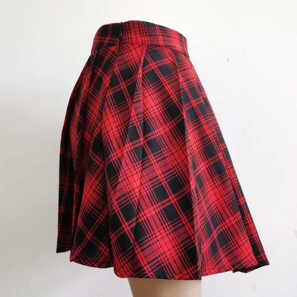 Femboy skirt red plaid goth pleated full flared front view
