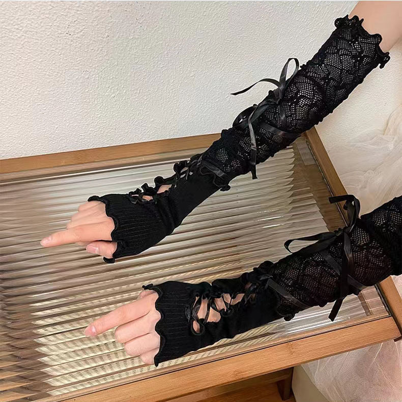 Gothic Black Lace-Up Lolita Gloves with intricate lace details, perfect for chic cosplay and gothic fashion.