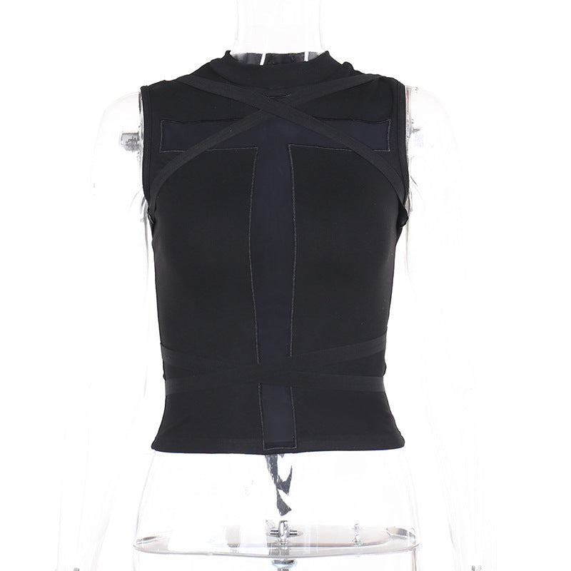 flat-front product shot of a black sleeveless top with cross-shaped lace-up detailing and high neckline on a white background, ideal for femboy clothing online.