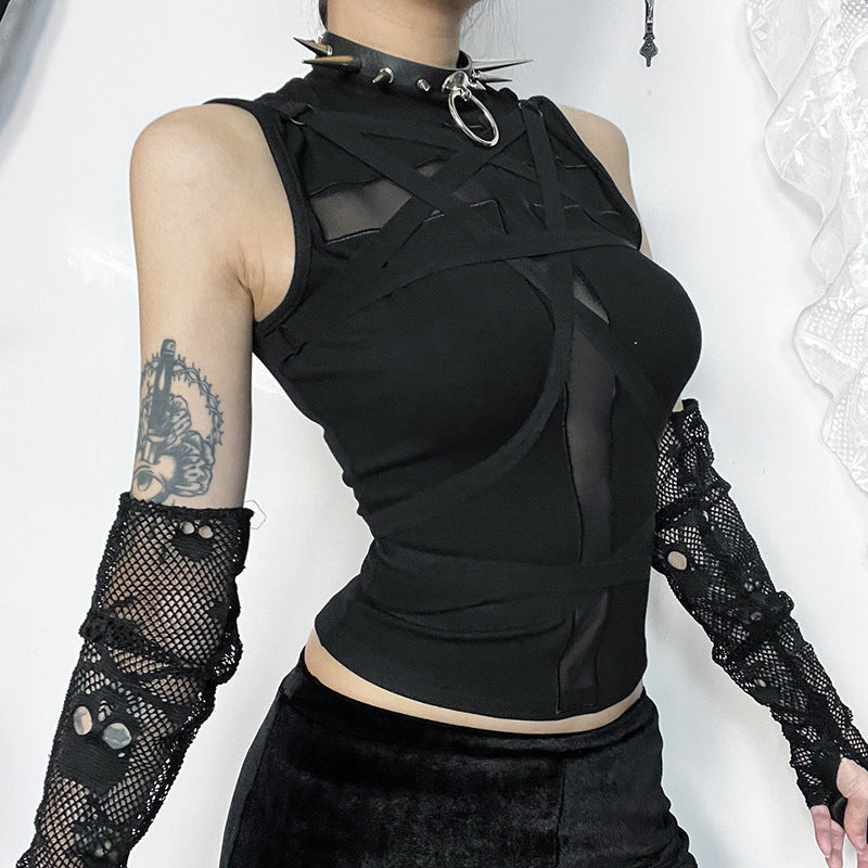 close-up three-quarter shot of the top’s front, showing the intricate cross lace-up straps and mesh inserts against a bright backdrop, showcasing femboy apparel.