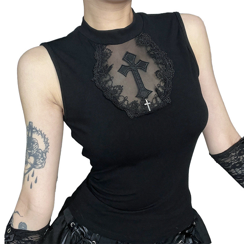 close-up three-quarter shot of the Gothic Cross Mesh Vest on a white background, highlighting the sheer mesh front panel with embroidered cross and slim silhouette for femboy clothing online.