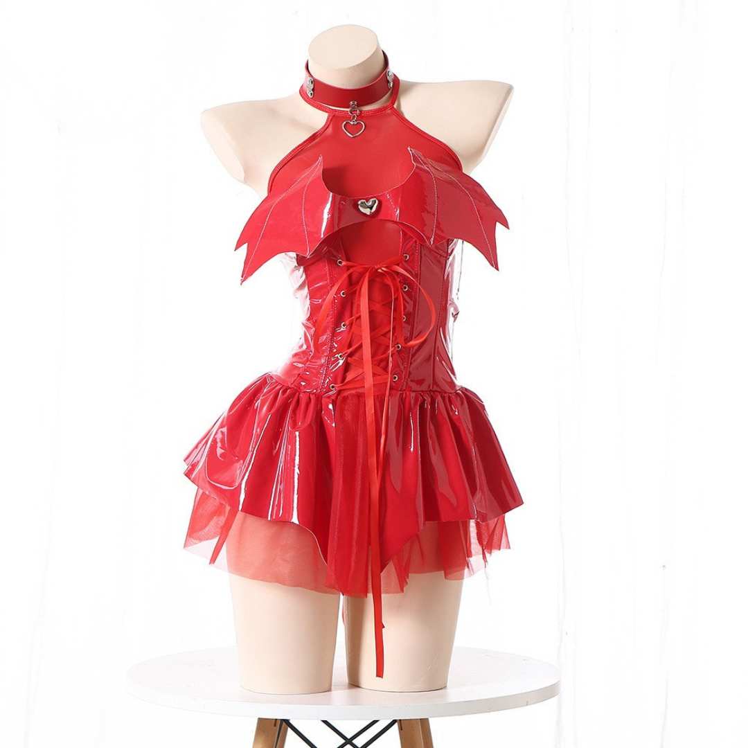 Red gothic devil femboy lingerie set with tutu skirt and corset, dark cosplay lingerie product shot