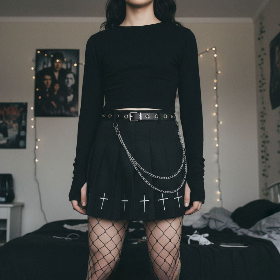 Front-facing mid-body lifestyle shot of a gothic femboy outfit featuring a black long-sleeve top, pleated skirt with white cross detailing, chain belt, and fishnet stockings, photographed in a bedroom setting with soft ambient lighting to showcase dark femboy fashion and gothic femboy clothing