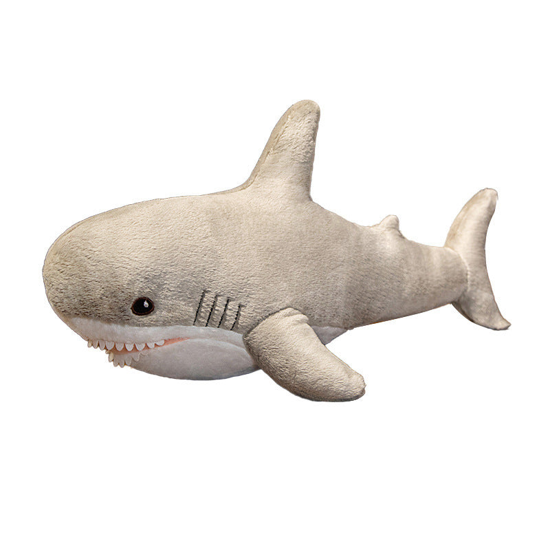 Side view of grey Femboy Blahaj pillow plushie, cute soft shark plush toy, minimalistic white background