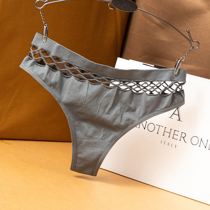 Grey fishnet femboy thong displayed on hanger, front view with geometric cut-out waistband, clean product photography
