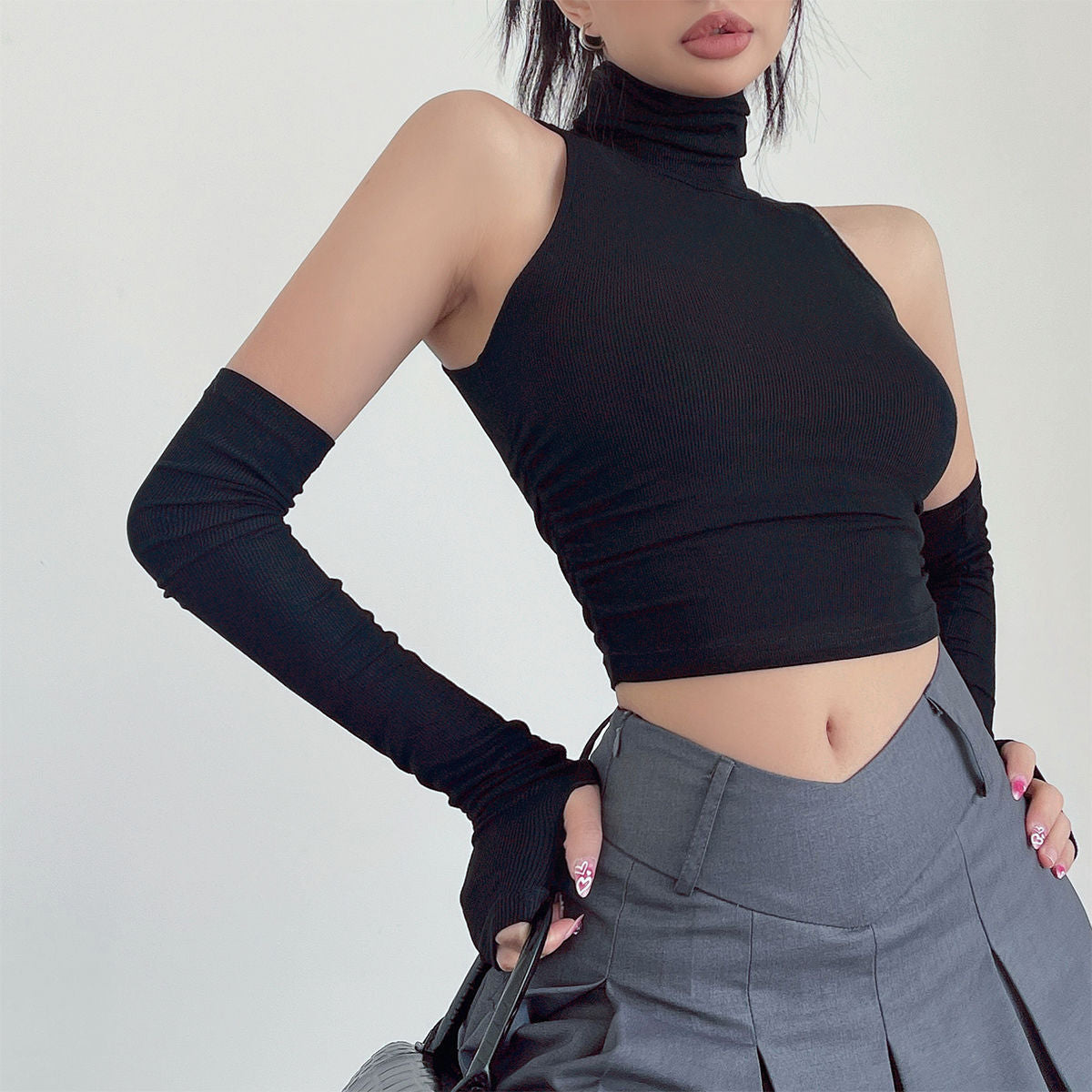 Femboy crop top black halter turtleneck open shoulder arm warmers set