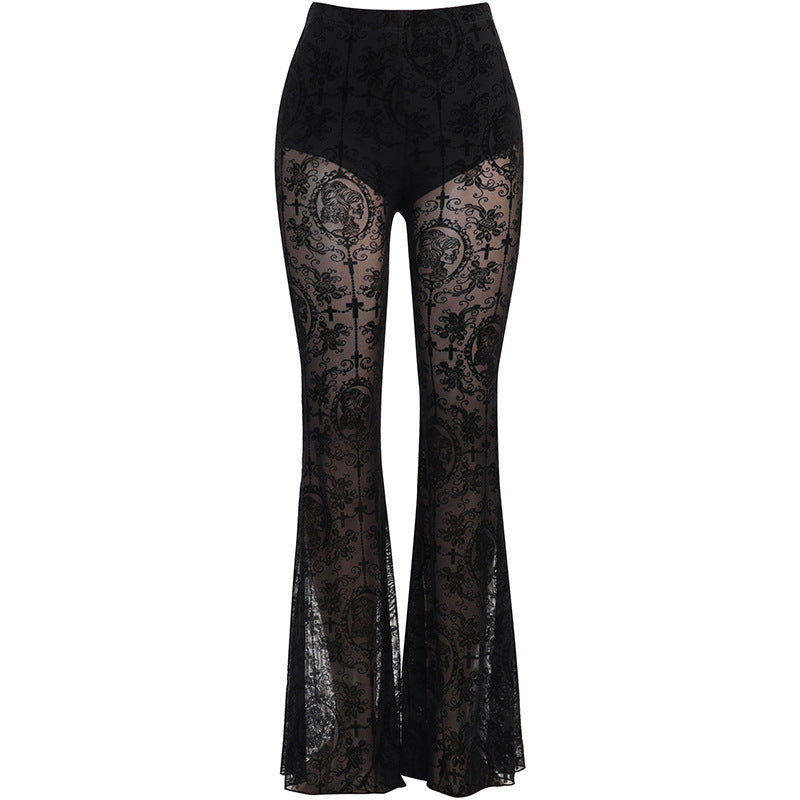 flat-front product shot of black high-waist lace flare pants on a white background, highlighting sheer gothic cross-print mesh panels and sculpted bell-bottom silhouette for femboy clothing.
