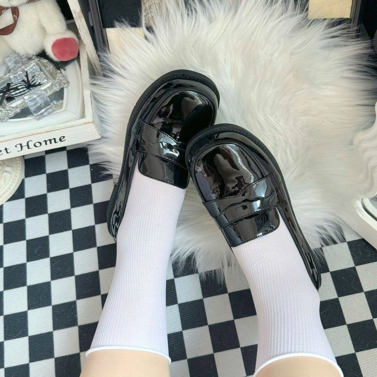 Femboy shoes black jk uniform loafer glossy round toe styled