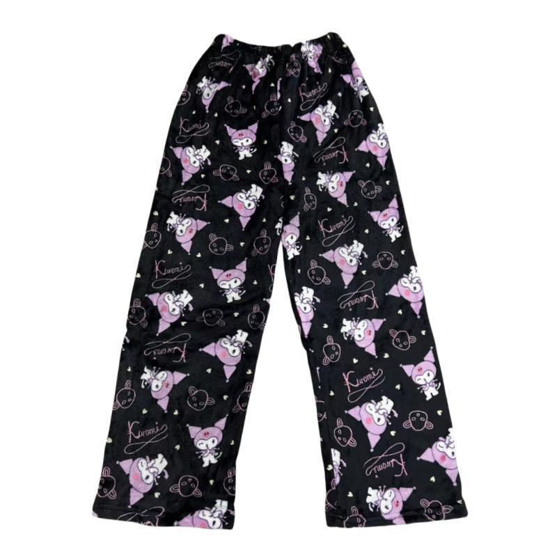 Black Kuromi print pajama pants laid flat on a white background, showcasing pastel purple Kuromi characters, elastic waistband, plush fleece fabric, and loose straight-leg silhouette, perfect for kawaii femboy fashion and relaxed femboy outfits.