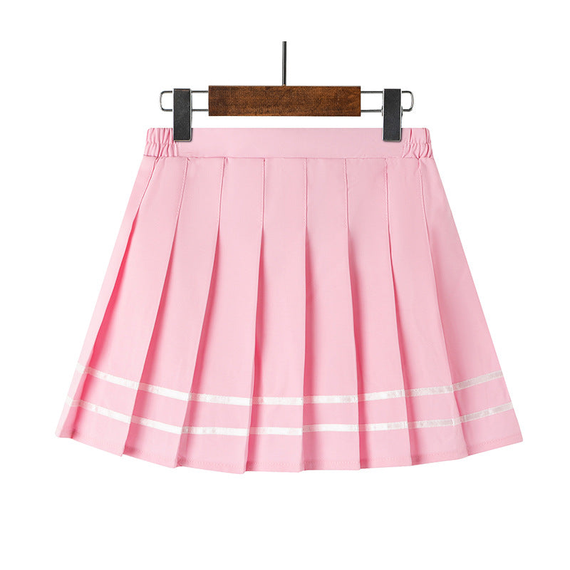 Light pink pastel femboy pleated skirt with two white stripe accents, kawaii aesthetic