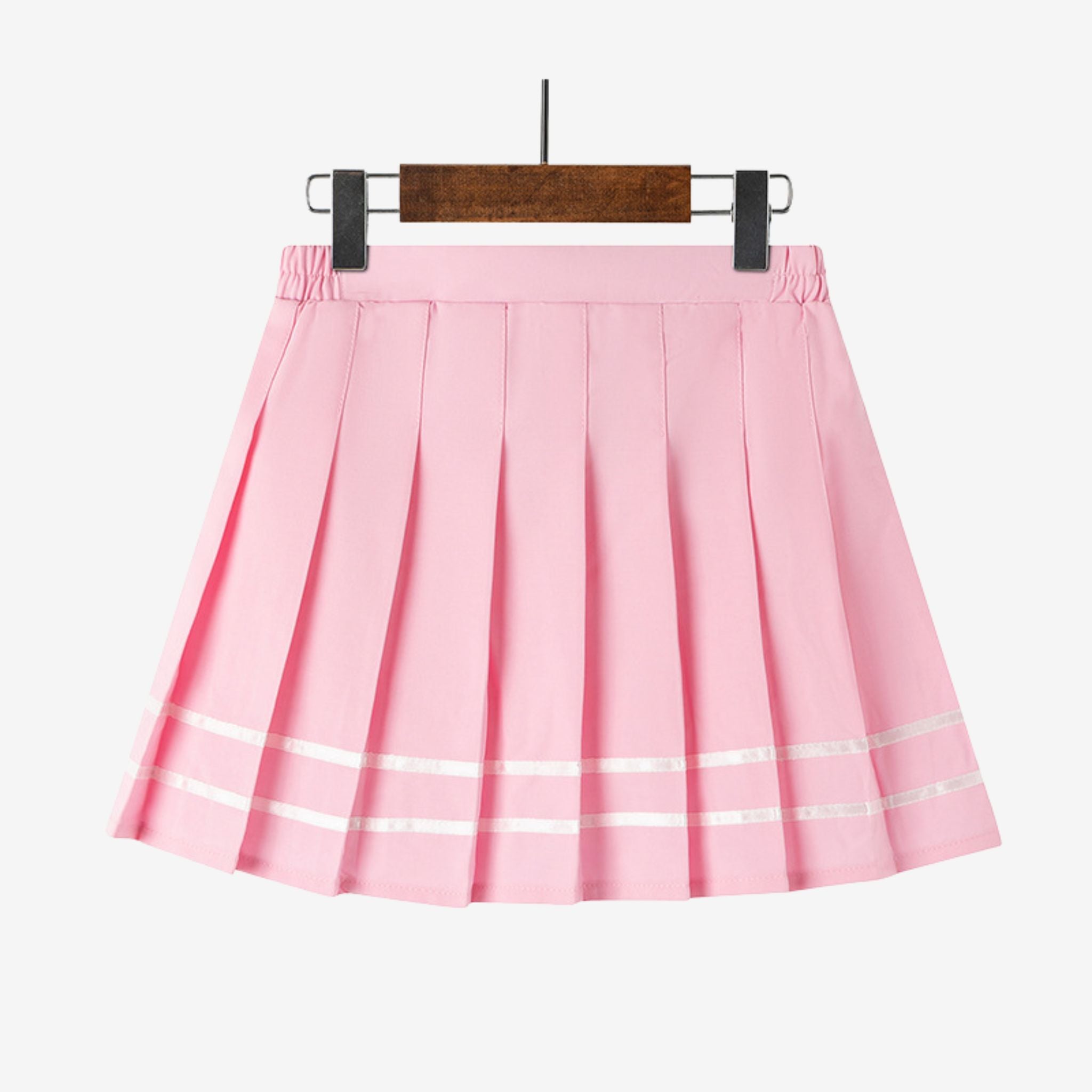 Light pink pastel femboy pleated skirt with two white stripe accents, kawaii aesthetic