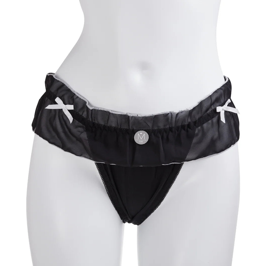Studio mannequin front shot of black ruffled femboy maid panties with contrasting white bows, focusing on fabric texture and silhouette for detailed femboy clothing presentation.